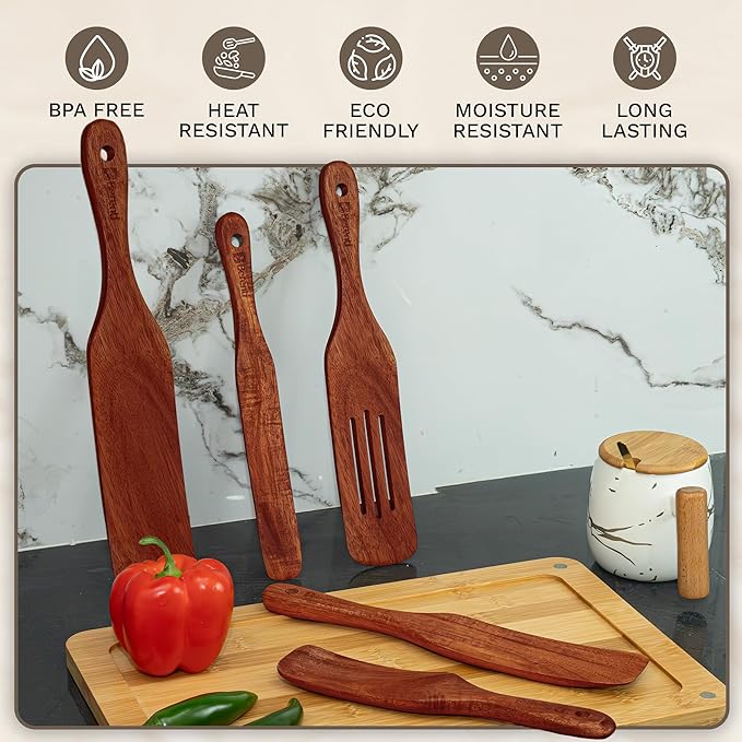 5-Piece Wooden Spurtle Set – Acacia Wood Kitchen Tools for Cooking, Mixing & Stirring – Non-Stick Safe Spurtle Spatula Set