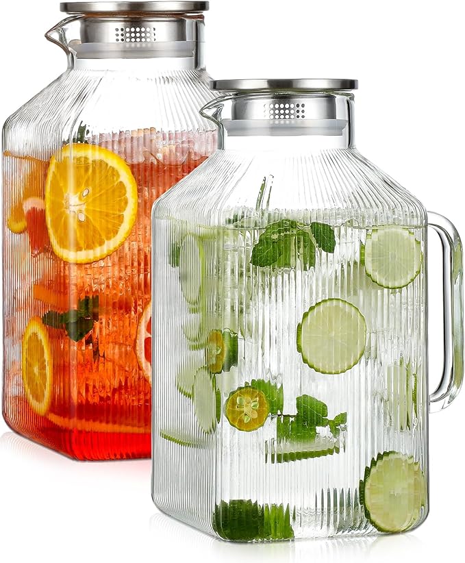 2 Pack 1 Gallon thickened Square Glass Pitcher with Lid, Classic Stripes Water Pitchers for Fridge, Borosilicate Glass Carafe for Hot/Cold Brew Drink, Extra Large Jug with Handle for Iced Tea, Coffee by Unknown