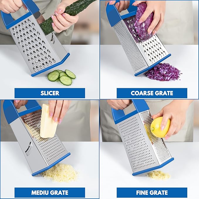 Urbanstrive Cheese Grater With Container, Professional Cheese Grater with Handle, Stainless Steel Graters for Kitchen Handheld, Box Grater with 4 Sides for Vegetables, Ginger, Potatoes (Dark Blue) - Image 3