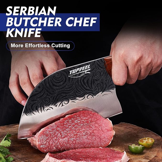 Topfeel Butcher Knife Set 5PCS, Hand Forged Kitchen Knives Set Serbian Chef Knife Set, Meat Cleaver Boning Carving Knives Set for Home、Camping、BBQ - Image 2