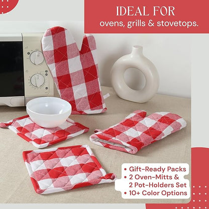 Oven Mitt & Pot Holder Buffalo Plaid Check 100% Cotton Heat Resistant Oven Gloves (7"x13") & Hot Pads (8"x8") Combo for Baking, Cooking - Red