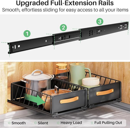 Pull out Cabinet Organizer,Heavy Duty Slide out Pantry Shelves Drawer Storage with Adhesive Nano Film,Sliding Mesh Cabinet Basket with Handle for Kitchen, Bathroom, Home, 11.8"W X 15.7"D X6.2"H,Black