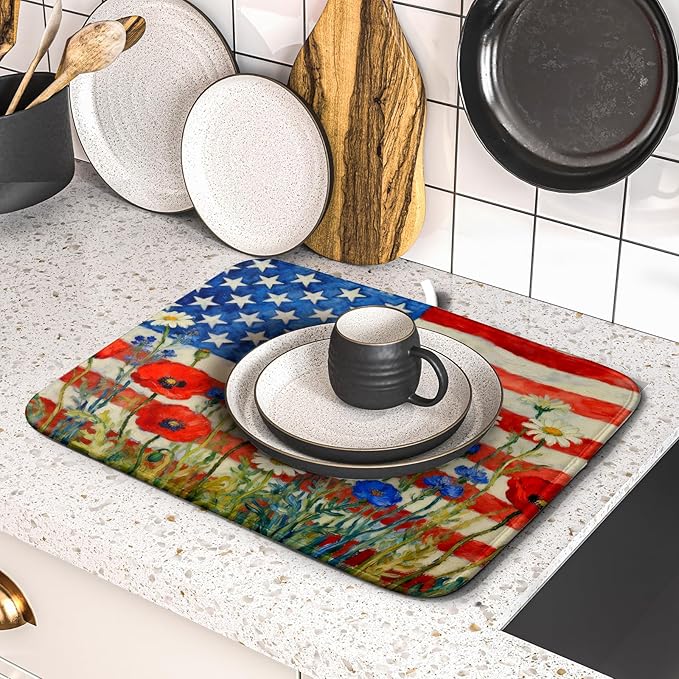 Patriotic American Flag Dish Drying Mat for Kitchen Counter 16x18 4th of July Red Blue White Floral Rustic Absorbent Reversible Microfiber Drying Mats Kitchen Countertop Protector Dishes Drainer Pad - Image 5