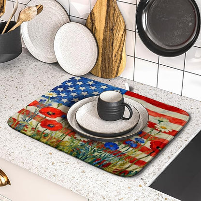Patriotic American Flag Dish Drying Mat for Kitchen Counter 16x18 4th of July Red Blue White Floral Rustic Absorbent Reversible Microfiber Drying Mats Kitchen Countertop Protector Dishes Drainer Pad - Image 5