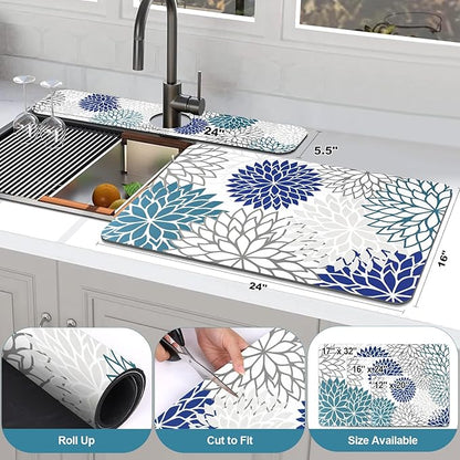 Findosom 2PCS 16" x 24" Dish Drying Mat & 24" x 5.5" Sink Splash Guard, Super Absorbent & Cuttable Dish Mat Drying Kitchen Mat with Blue Floral, Hide Stain Drying Mat for Kitchen Counter - Image 2