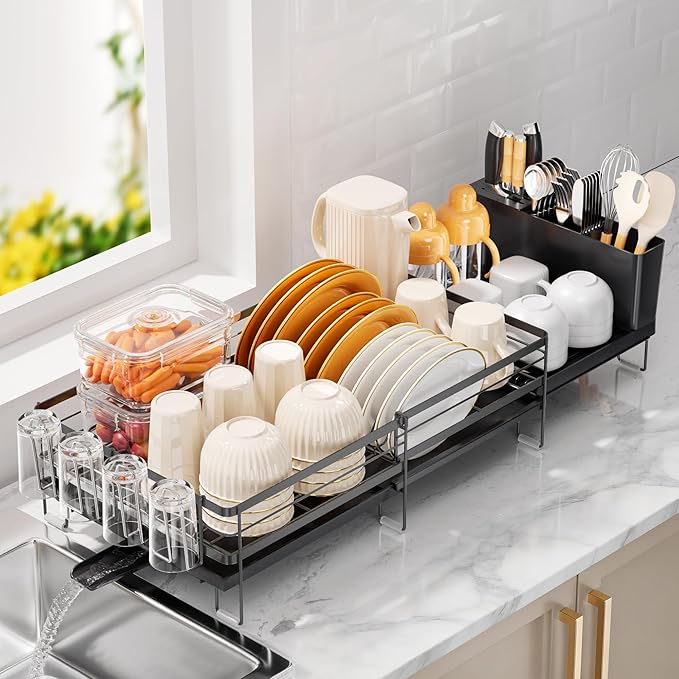 Delamu Stainless Steel Dish Drying Rack, Expandable Dish Drainer, Anti-Rust Large Dish Racks for Kitchen Counter, Dish Strainers with Drainboard, Utensil & Cup Holder, 13.4"-28.7" L x 11.8" W, Black by DELAMU