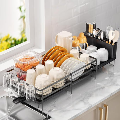 Delamu Stainless Steel Dish Drying Rack, Expandable Dish Drainer, Anti-Rust Large Dish Racks for Kitchen Counter, Dish Strainers with Drainboard, Utensil & Cup Holder, 13.4"-28.7" L x 11.8" W, Black by DELAMU