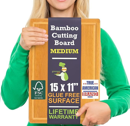Bamboo Cutting Board – 15 Inch Wood Cutting Boards for Kitchen with Glue-Free Surface™ & Juice Groove – Non-Toxic, FSC-Certified, Durable Wooden Chopping Board - Rectangle by GreenerChef