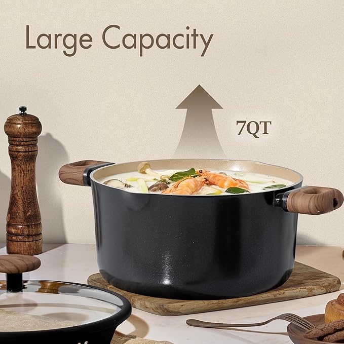 CAROTE Stock Pot with Lid, 7Quart Ceramic Soup Pot Non Toxic, Nonstick Cooking Pot for Pasta, Induction Ready, Even Heating, Dishwasher Safe, Black - Image 4