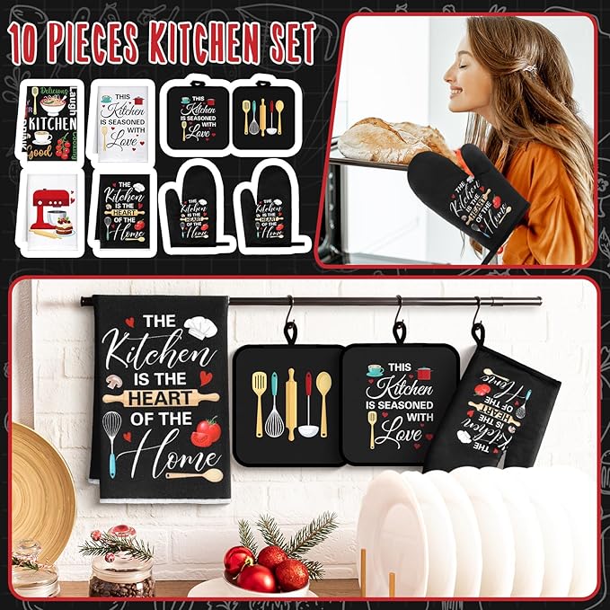 Leinuosen 8 Pcs Cuisine Kitchen Decor Accessories Set Farmhouse Towels Oven Mitts Pot Holders Dishcloths Set Kitchen Decorative Absorbent Gloves Potholders for Chef Baking Cooking - Image 2