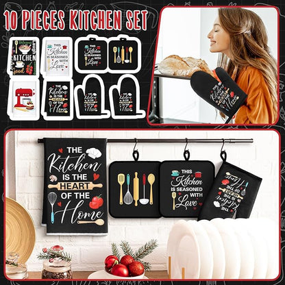 Leinuosen 8 Pcs Cuisine Kitchen Decor Accessories Set Farmhouse Towels Oven Mitts Pot Holders Dishcloths Set Kitchen Decorative Absorbent Gloves Potholders for Chef Baking Cooking - Image 2