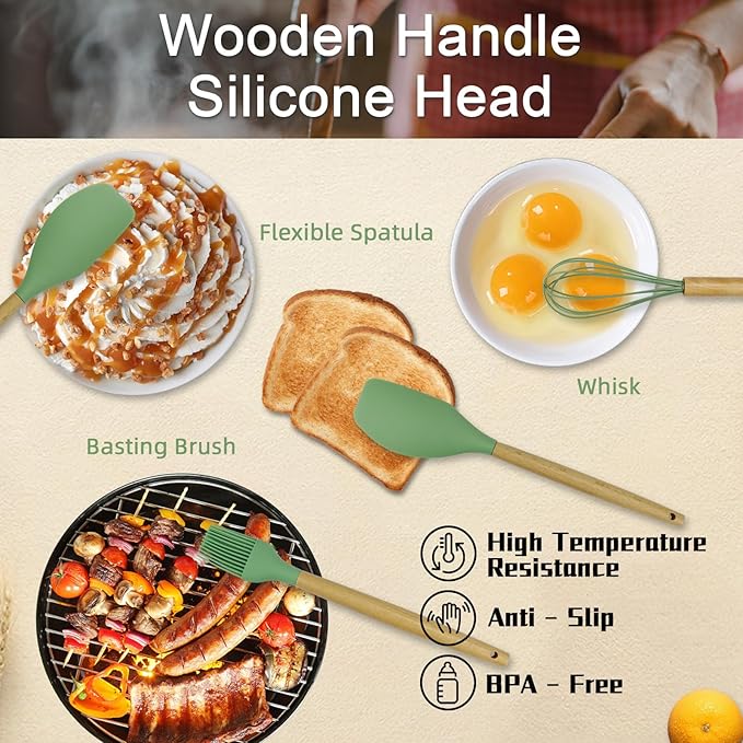 MYKUJA Silicone Cooking Utensils Set, Heat Resistant Kitchen Utensils Set, Spatula,Turner Tongs,Spoon,Brush,Whisk, Cooking Kitchen Utensils Spatula Set, Nonstick Cookware（sage green）