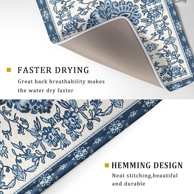 Boho Floral Blue Dish Drying Mat for Kitchen Counter 18x24 Vintage Chinoiserie Flower Print Absorbent Reversible Microfiber Drying Mats Kitchen Countertop Protector Dishes Drainer Rack Pad - Image 3
