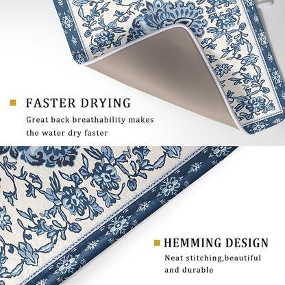 Boho Floral Blue Dish Drying Mat for Kitchen Counter 18x24 Vintage Chinoiserie Flower Print Absorbent Reversible Microfiber Drying Mats Kitchen Countertop Protector Dishes Drainer Rack Pad - Image 3