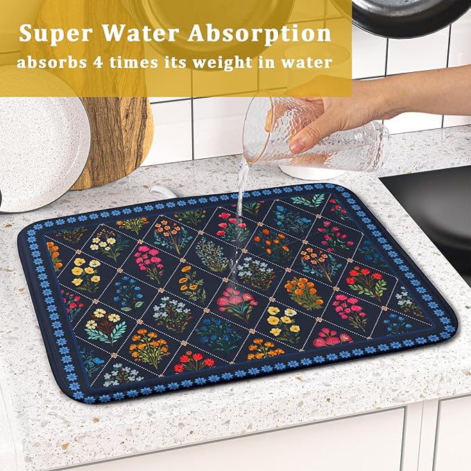 Lapis Blue Dish Drying Mat for Kitchen Counter Flowers Microfiber Absorbent Dish Draining Reusable Washable Small - Image 7