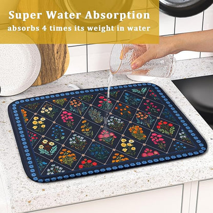 Lapis Blue Dish Drying Mat for Kitchen Counter Flowers Microfiber Absorbent Dish Draining Reusable Washable Small - Image 7