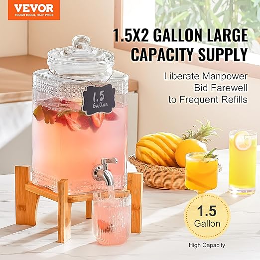 VEVOR Beverage Dispenser, 1.5 Gallon Drink Dispensers for Parties, Glass Juice Dispenser with Stand, Stainless Steel Spigot, Iced Tea Lemonade Juice Water Dispenser, for Restaurants, Hotels, Parties