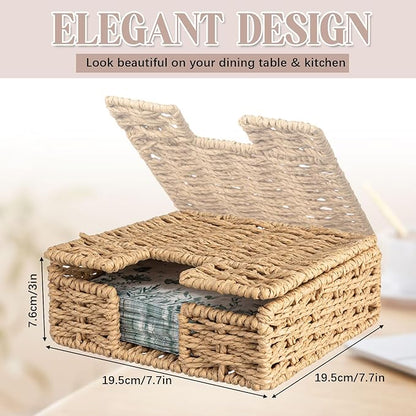 Threehoney Woven Paper Rope Napkin Holder with Lid for Outdoor Picnic Table, Flat Square Napkin Basket for Dinner Kitchen Camping Farmhouse, 7 x 7 Inch