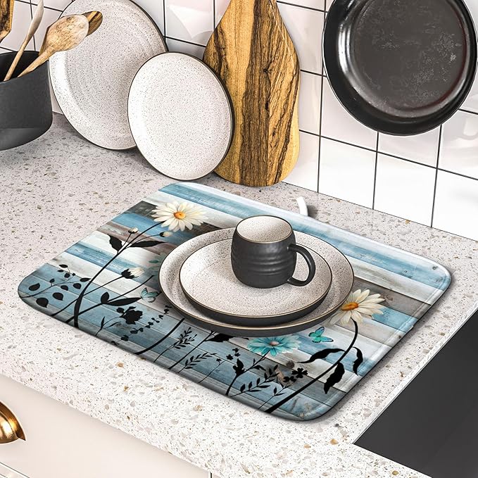 Blue White Daisy Floral Dish Drying Mat for Kitchen Counter,Sprinng Rustic Wood Drying Mat 16 x18 Inch with Absorbent Reversible Microfiber Drying Pad for Coffee Bar - Image 5