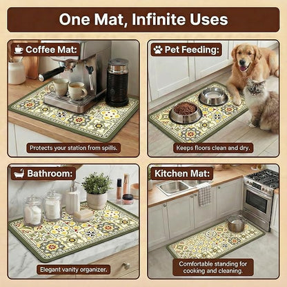 Boho Dish Drying Mat for Kitchen Counter - Super Absorbent Faux Leather Kitchen Mat, Quick Dry & Non-Slip Countertop Protector, Aesthetic Bohemian Decor for Coffee Bar (17"x31.5", GN)