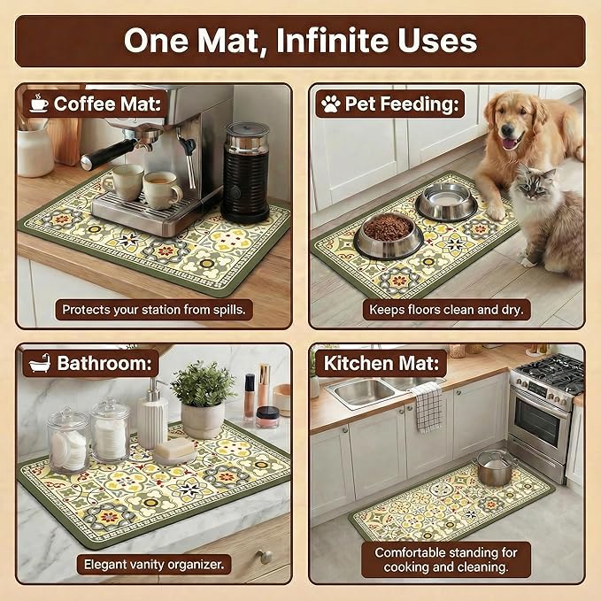 Boho Dish Drying Mat for Kitchen Counter - Super Absorbent Faux Leather Kitchen Mat, Quick Dry & Non-Slip Countertop Protector, Aesthetic Bohemian Decor for Coffee Bar (16"x21", GN)
