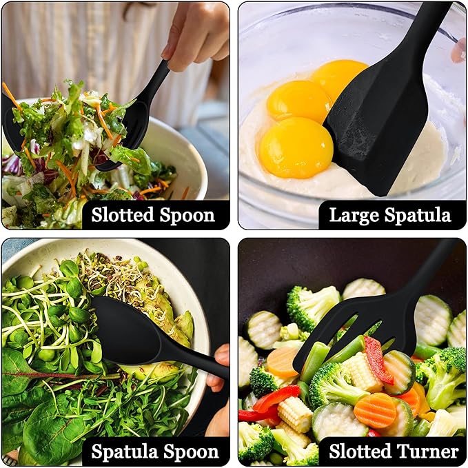 LIANYU 8Pcs Cooking Utensils Set, Heat Resistant Kitchen Utensils, Silicone Utensils Spatula Set for Nonstick Cookware with Spatula, Ladle, Turner, Spoon, Dishwasher Safe, Black - Image 5