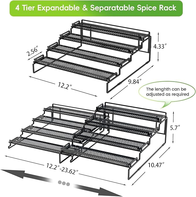 4 Tier Adjustable Spice Rack Organizer for Cabinet - Black (2 PCS S&L) Expandable Spice Shelf with Protection Railing for Inside Cabinets, Countertop, Pantry Storage & Seasoning Organization - Image 3
