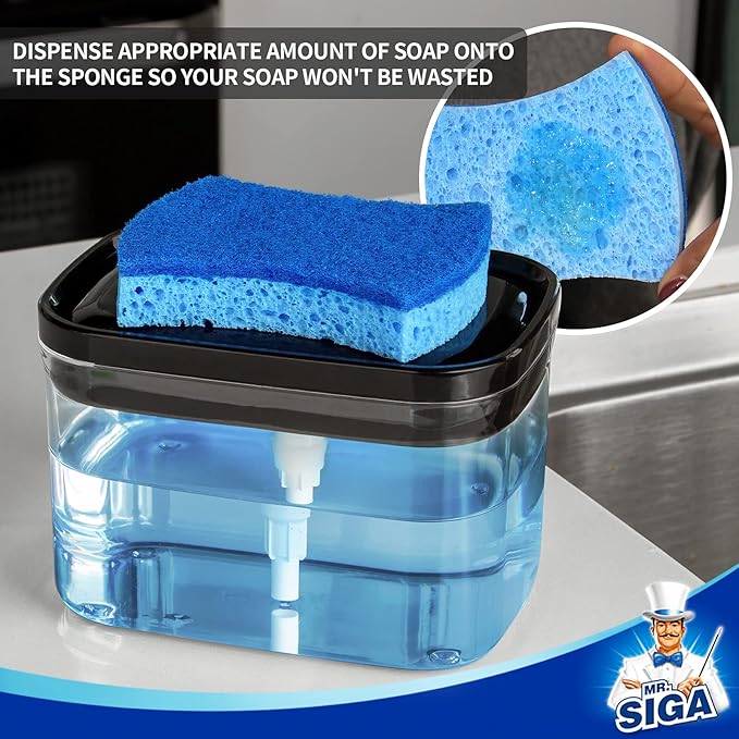 MR.SIGA Dish Soap Dispenser for Kitchen,2 in 1 Premium Sponge Holder, Dishwashing Soap Pump Dispenser for Countertop, Black - Image 3