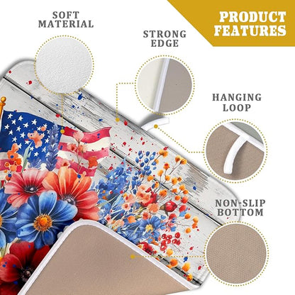 4th of July Dish Drying Mat 16x18 inch Patriotic Floral Fast Dry Microfiber Reversible Dish Drainer Rack Pad Kitchen Counter Accessories