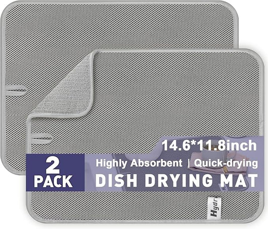 14.6*11.8 inch Microfiber Dish Drying Mat,2 Compact Ultra Absorbent Dish Mat Drying Kitchen Mat,Small Dish Drying Mats for Kitchen Counter,Draining Racks,Sinks (Gray) by Hydro2Go