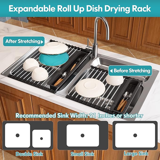 JASIWAY Roll Up Dish Drying Rack, Expandable (12.8"-23.8" D x 12.8" W) Stainless Steel Portable Over The Sink Dish Drainer for Kitchen Sink Counter, Foldable Sink Cover with Removable Utensil Holder - Image 4