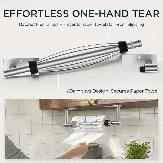 FORIOUS Paper Towel Holder Under Cabinet, Single Hand Operable with Adjustable Damping for Easy Tear, Adhesive or Drill Wall Mount,304 Stainless Steel Commercial Paper Towel Holder for Kitchen, Silver - Image 2