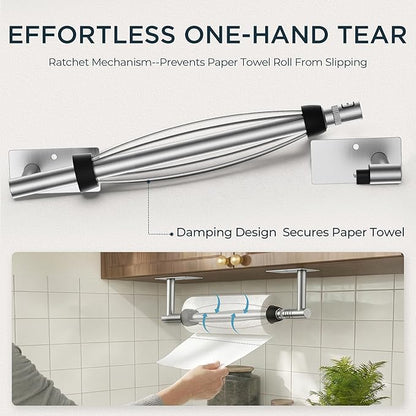 FORIOUS Paper Towel Holder Under Cabinet, Single Hand Operable with Adjustable Damping for Easy Tear, Adhesive or Drill Wall Mount,304 Stainless Steel Commercial Paper Towel Holder for Kitchen, Silver - Image 2
