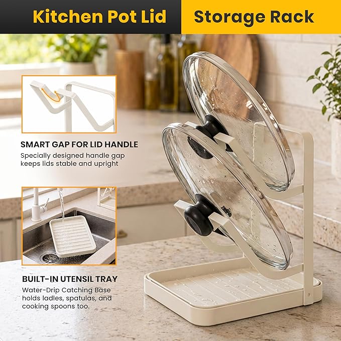 Pot Lid Holder with Removable Drip Tray, Multifunctional Double Layer Pot Lid Organizer for Countertop, Kitchen Pot Lid Storage Rack for Covers, Cutting Boards, Utensils (OFF-White) - Image 5