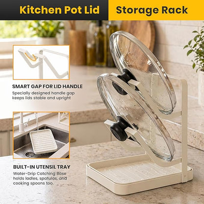 Pot Lid Holder with Removable Drip Tray, Multifunctional Double Layer Pot Lid Organizer for Countertop, Kitchen Pot Lid Storage Rack for Covers, Cutting Boards, Utensils (OFF-White) - Image 5