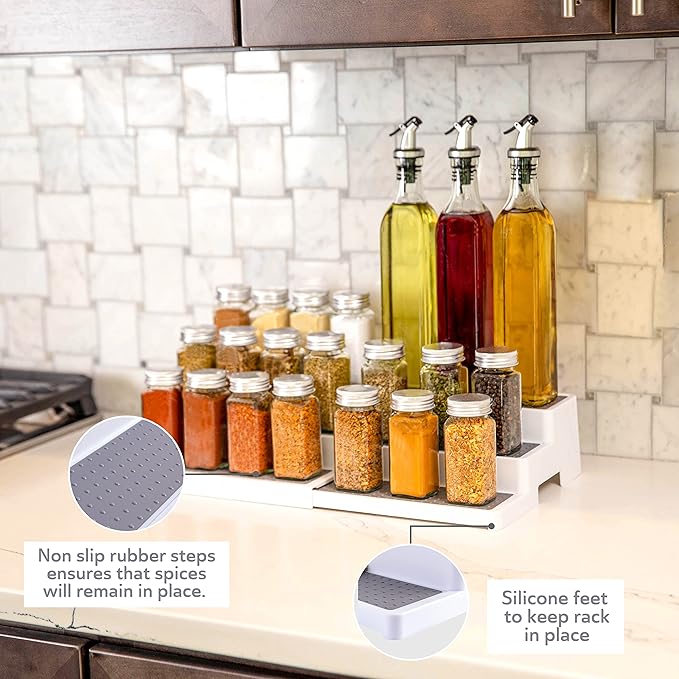 Oizeir Plastic 3-Tier Expandable Spice Rack, Adjustable Length, Stability with Non-Skid Shelf, For Easy Visibility, Organizer for Kitchen Cabinet, Pantry or Countertop, (2-Pack), White/Grey - Image 7