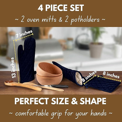 Native Fab 4 Piece Set - 2 Oven Mitts & 2 Potholders, Heat Resistant, 100% Cotton, Quilted Design, Non-Slip Grip, Machine Washable, Ideal for Baking, Cooking, BBQ, Kitchen Protection - Navy Blue - Image 4