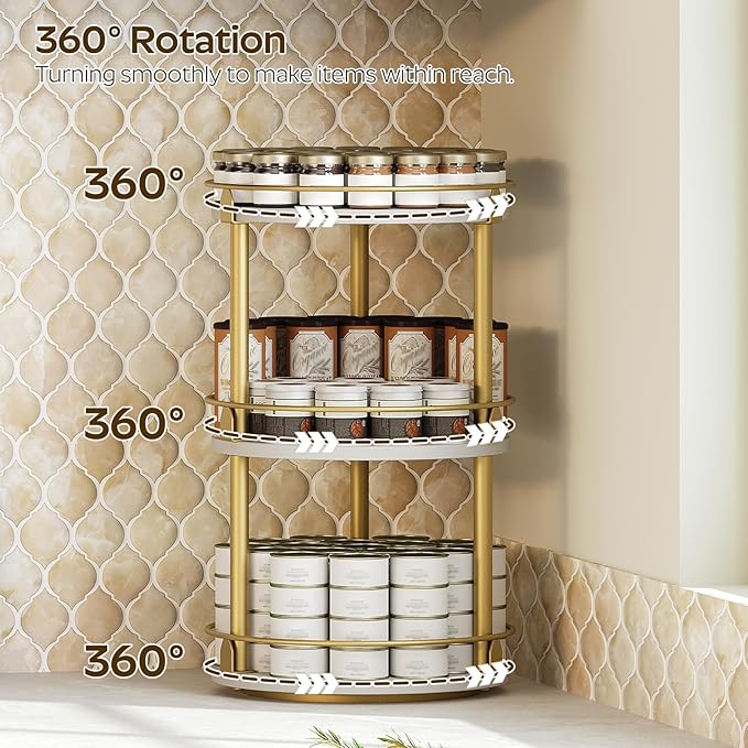 Yatiney 3-Tier Lazy Susan, Rotating Spice Rack, Spinning Organizer, Industrial Turntable Spice Rack for Cabinet, Kitchen Countertop, Pantry, White and Gold SR23DW - Image 2
