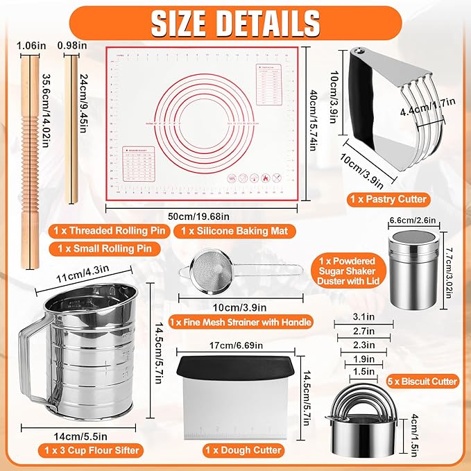 Biscuit Cutter Set, 14PCS Pastry Blender Set with Pastry Cutter, Flour Sifter, Rolling Pin, Biscuit Cutter, Dough Cutter, Powdered Sugar Shaker Duster, Fine Mesh Strainer Baking Mat for Cooking Baking - Image 2