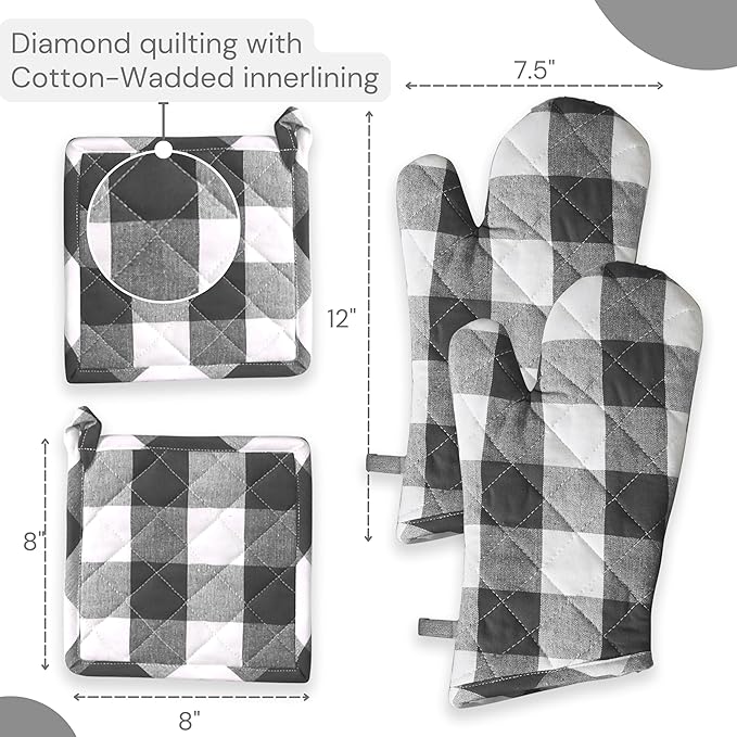 Oven Mitt & Pot Holder Buffalo Plaid Check 100% Cotton Heat Resistant Oven Gloves (7"x13") & Hot Pads (8"x8") Combo for Baking, Cooking - Grey