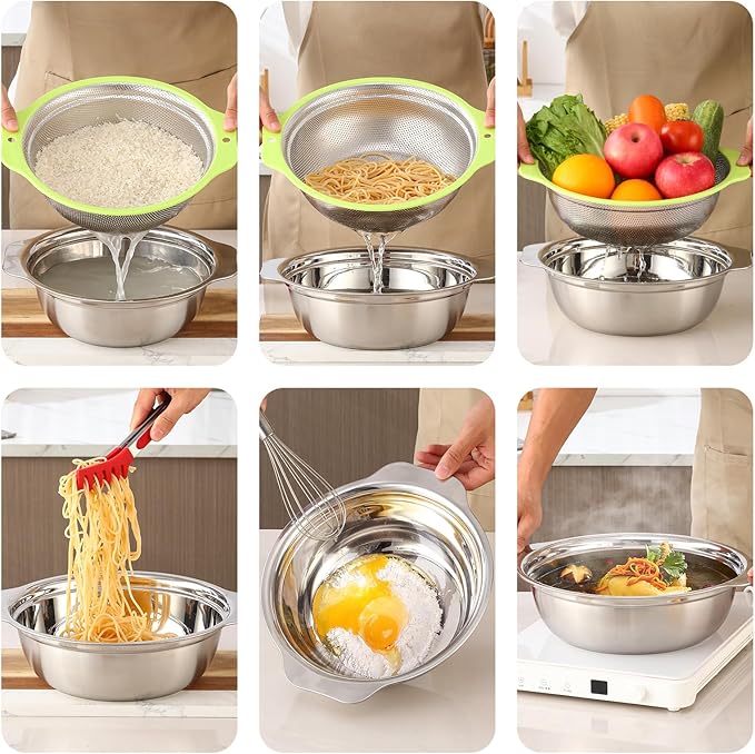 Colander Stainless Steel Microporous, 5QT Large Capacity Rice Washer with Mixing Bowl, 12.5’’Rice Strainer Bowl Set with Handle, Food-Grade Strainers and Colanders for Washing Rice, Pasta - Image 8