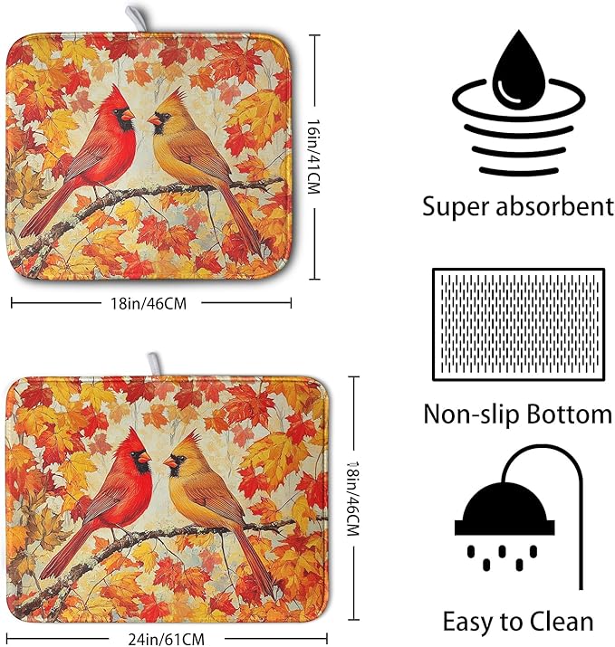 Fall Dish Drying Mats for Kitchen Counter Maple Leaf Cardinal Birds Dish Draining Mat 16x18 Inch Autumn Thanksgiving Dish Rack Mat Microfiber Absorbent Dish Drainer Pad - Image 2