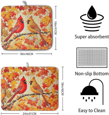 Fall Dish Drying Mats for Kitchen Counter Maple Leaf Cardinal Birds Dish Draining Mat 16x18 Inch Autumn Thanksgiving Dish Rack Mat Microfiber Absorbent Dish Drainer Pad - Image 2