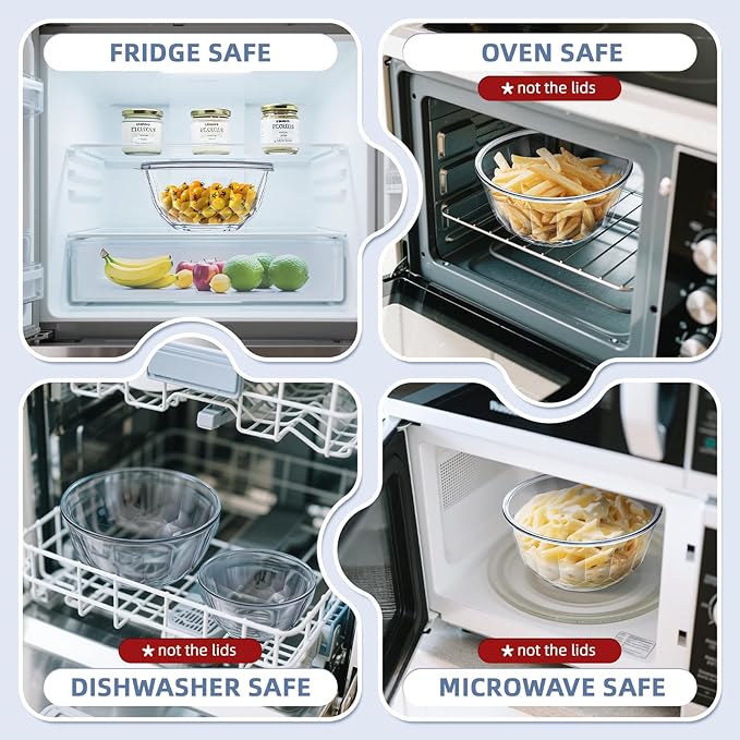 WhiteRhino Glass Mixing Bowls with Lids Set of 5（4.70QT,2.85QT, 1.69QT,1.11QT,0.85QT,Glass Bowls with Lids,Large Salad Bowls Space-Saving Nesting for Cooking,Baking,Prepping,Dishwasher Safe - Image 6
