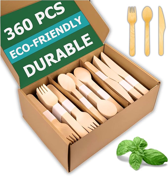 Disposable Wooden Cutlery Set 360 PCS - 100% Compostable Wooden Silverware [120 Forks, 120 Spoons, 120 Knives] - Wooden Disposable Utensils - Compostable Forks and Spoons - Silverware by Unknown
