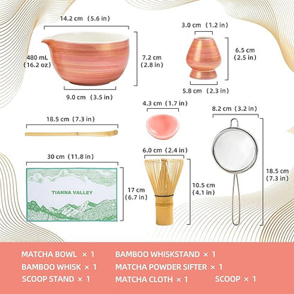 Matcha Whisk Set,7 Pcs Matcha Set Pink,Matcha Kit for Ceremony,480 Ml Ceramic Bowl(chawan) with Spout,Bamboo Whisk(100-prong) and Holder,Tradition Tea Set,Gift for Matcha Lovers