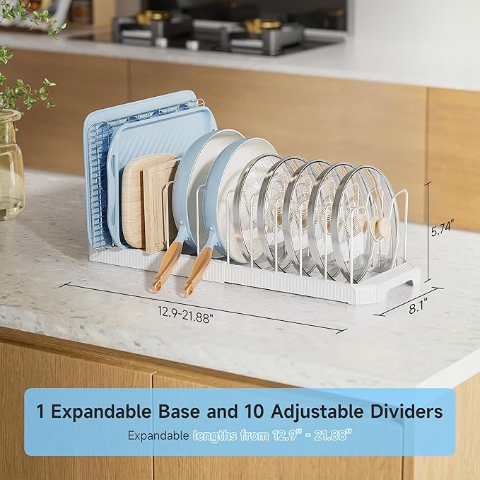 MUDEELA Pot Lid Organizer Rack for Cabinet, Expandable Pots and Pans Organizer under Cabinet with 12 Adjustable Dividers, Pan Organizers Holder inside Cabinet for Cutting Boards, Baking Sheets, White - Image 2