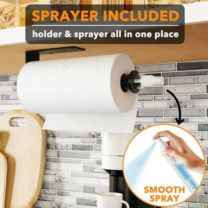 SpaceAid SprayNeat Paper Towel Holder with Spray Bottle, Under Cabinet Paper Towels Holders with Sprayer Inside Center, Hanging Wall Mount Papertowels Roller for Kitchen and Bathroom (Black)