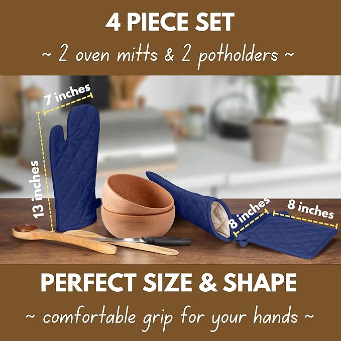 Native Fab 4 Piece Set - 2 Oven Mitts & 2 Potholders, Heat Resistant, 100% Cotton, Quilted Design, Non-Slip Grip, Machine Washable, Ideal for Baking, Cooking, BBQ, Kitchen Protection - Ink Blue - Image 2