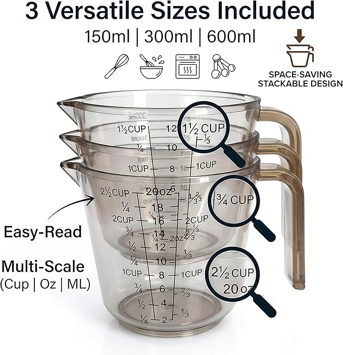Measuring Cups Set, 3PCS with Pour Spout & Handle, Multi-Scale (cup | oz | ml) Stackable Liquid & Dry Plastic Measuring Tools for Baking Cooking, Essential Kitchen Gadgets (Coffee Brown) - Image 8